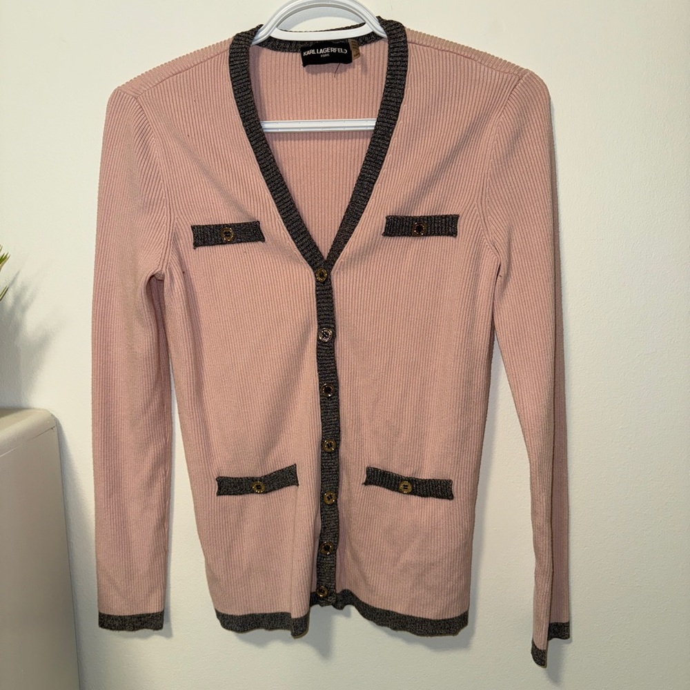 Karl Lagerfeld Pink V-Neck Cardigan Sweater